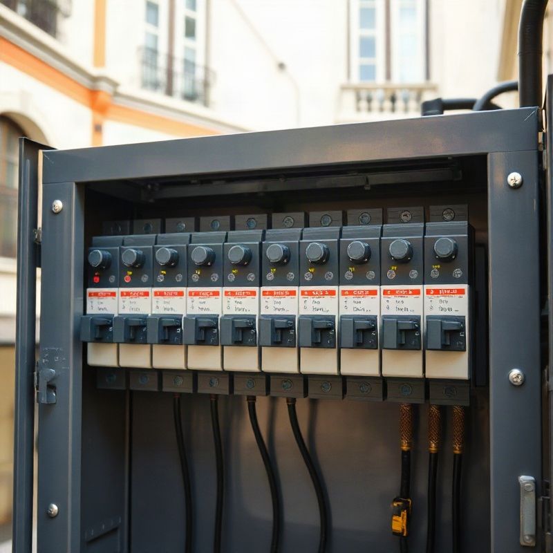 Tablero eléctrico moderno con disyuntores termomagnéticos y llaves diferenciales en gabinete metálico