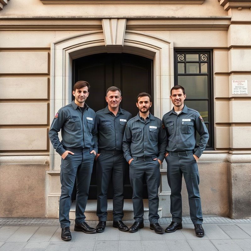 Equipo de cuatro electricistas certificados de Rionegropower frente a un edificio en Montevideo