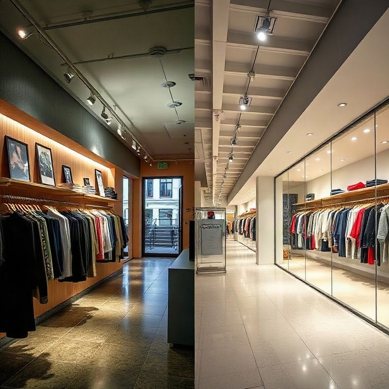 Comparación antes y después de una reconversión de iluminación halógena a LED en un local comercial